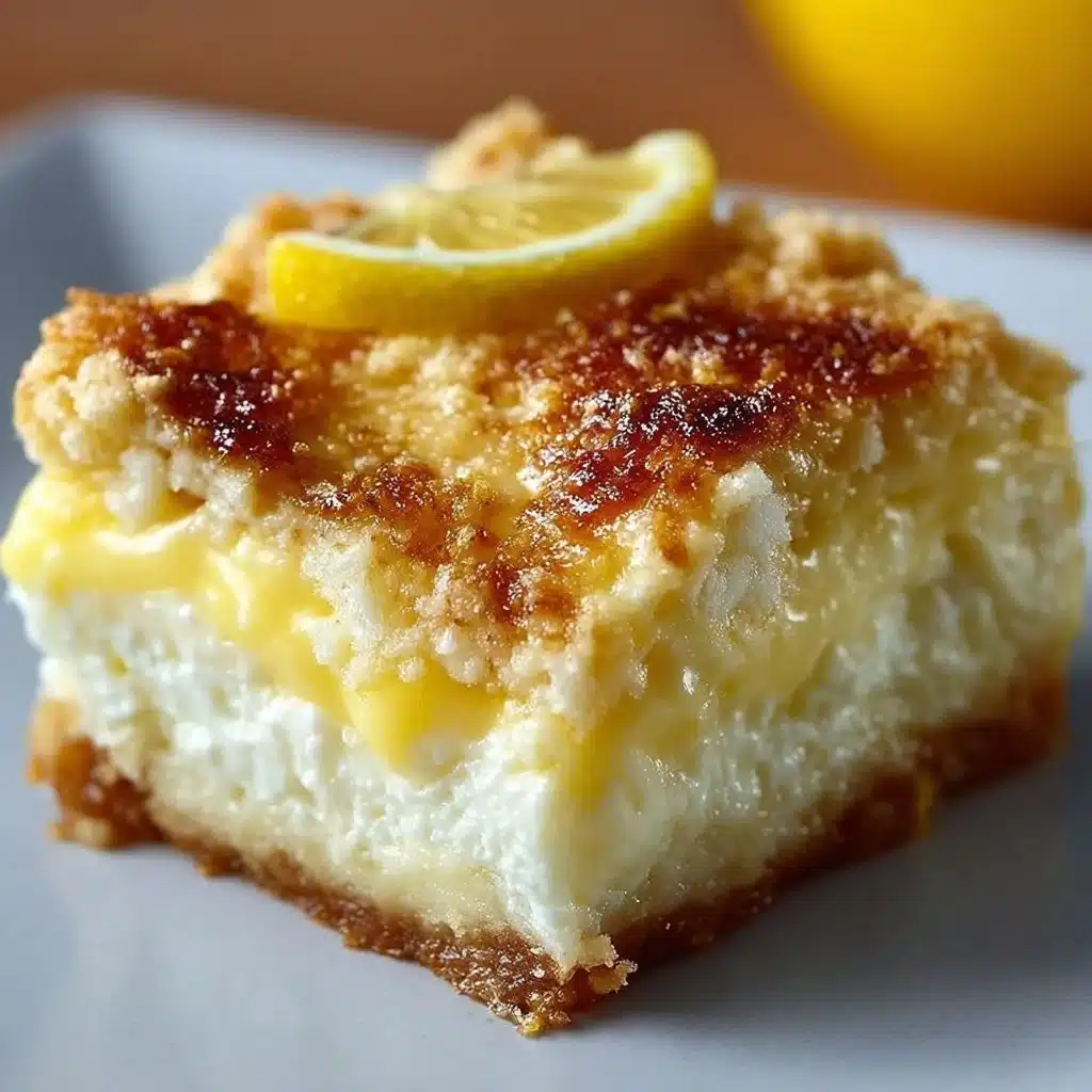 Slice of Lemon Cream Cheese Dump Cake on a plate with lemon wedges