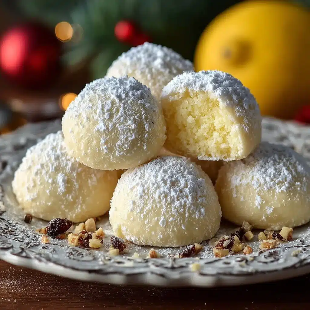 Lemon Cream Snowball Cookies dusted with powdered sugar on a plate.