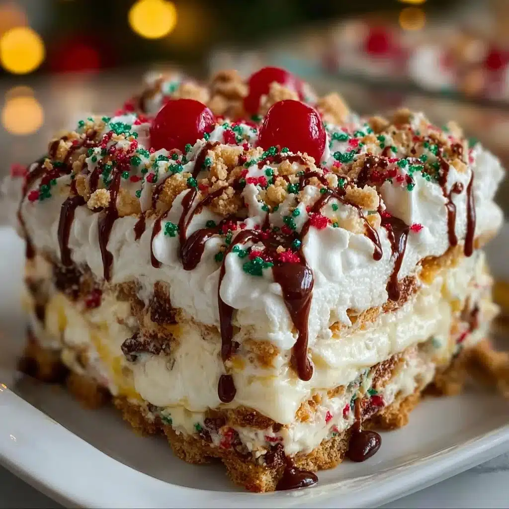No-Bake Christmas Cookie Lasagna dessert with festive layers