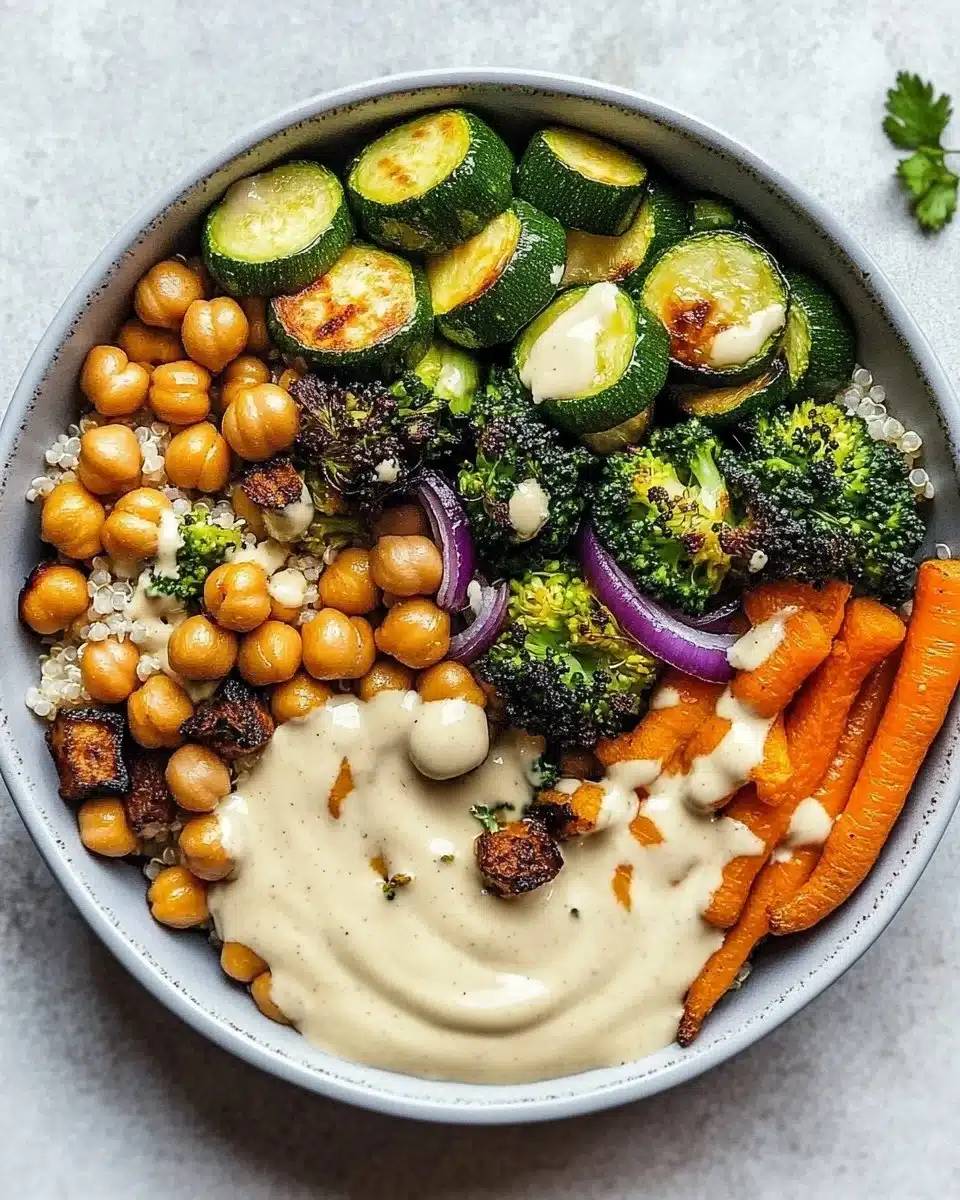 Roasted Veggie Chickpea Bowls with Maple Dijon Tahini Dressing