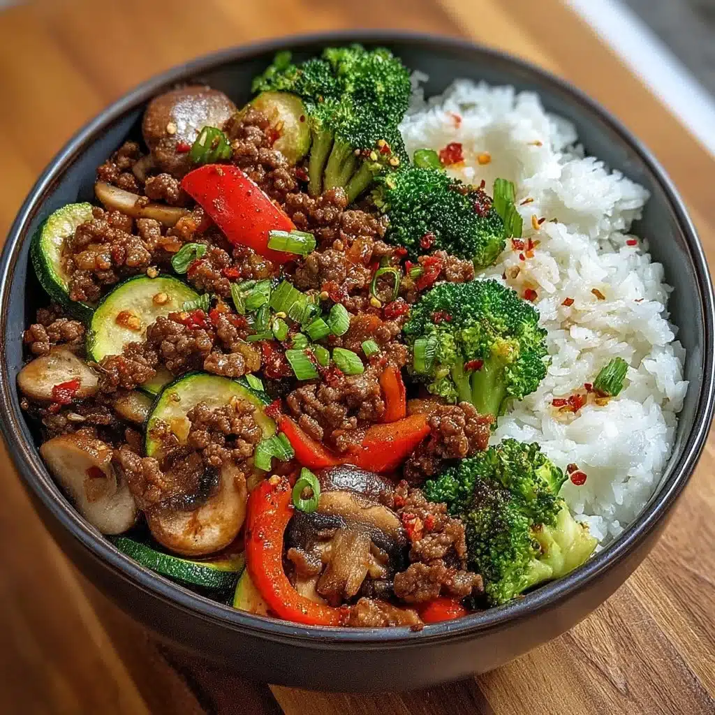 Spicy ground beef stir-fry bowl with garlic vegetables and rice