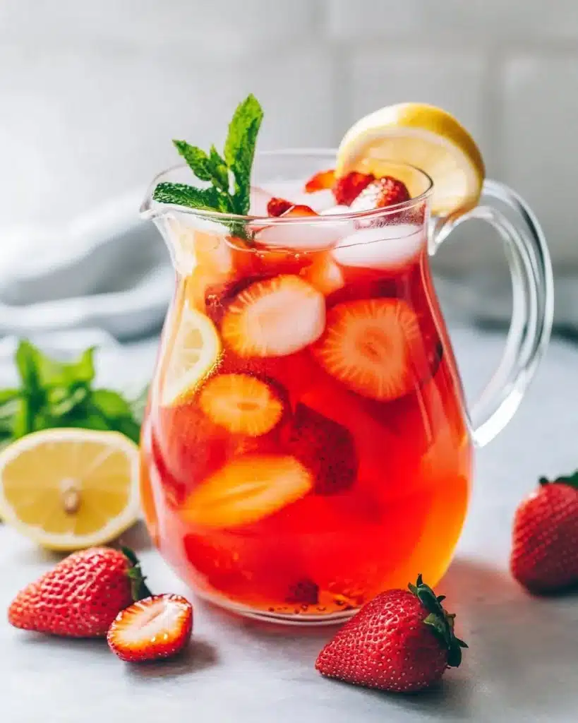 Refreshing Hibiscus Tea Strawberry-Lemonade drink in a glass with fruit garnish.