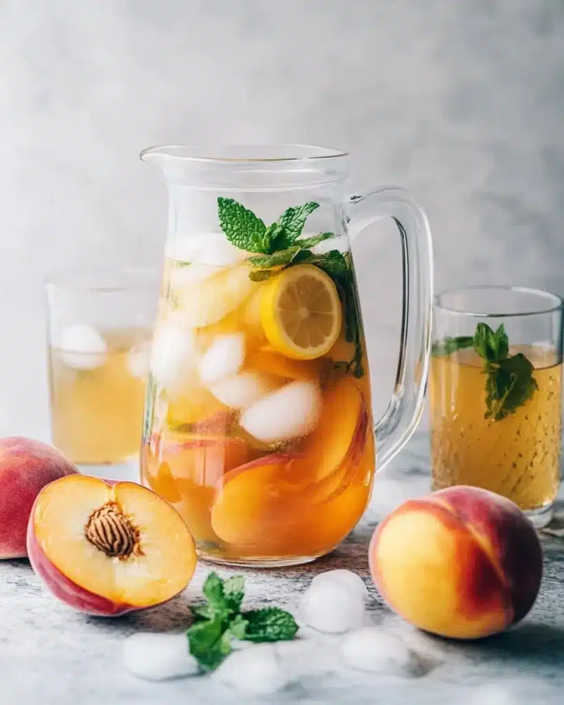 Glass of refreshing peach lemonade with fresh peaches and lemons